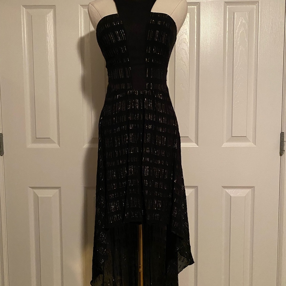 bebe Black Strapless Dress with Gold Threads